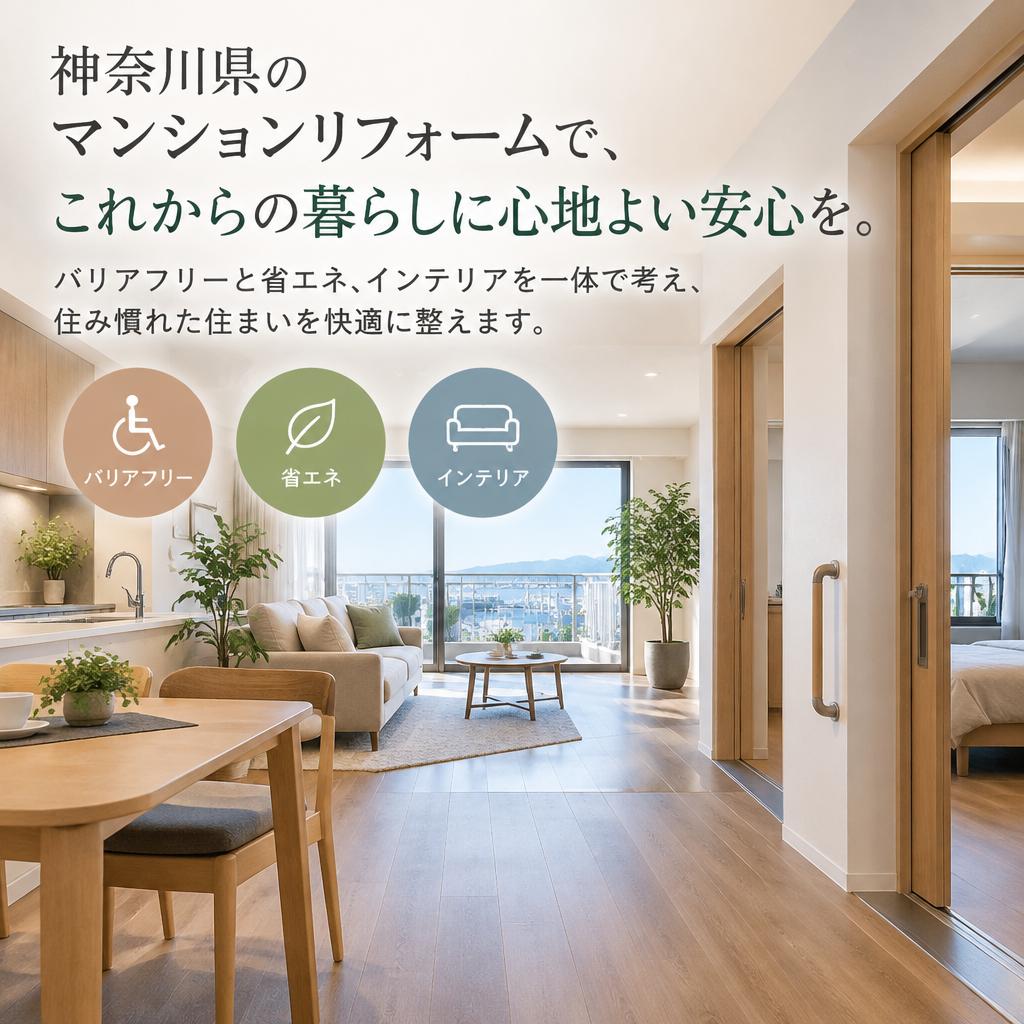 神奈川県のマンションリフォームで、これからの暮らしに心地よい安心を。バリアフリーと省エネ、インテリアを一体で考え、住み慣れた住まいを快適に整えます。